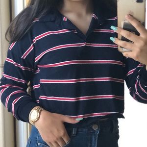 WOMENS SMALL BLUE STRIPED CROPPED COLLARED SHIRT